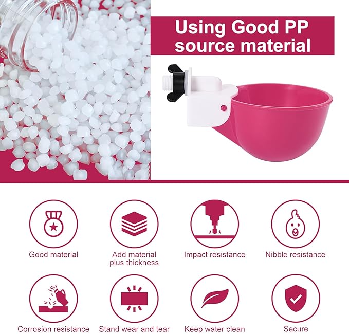 Chicken Waterer Cups (8 Pack/Purplish Red) - DIY Automatic Large Chicken Water Feeder for Ducks,Chicks, Turkeys, Quail, Bunny, Bird and Other Various Poultry Dispenser with Matching Drill