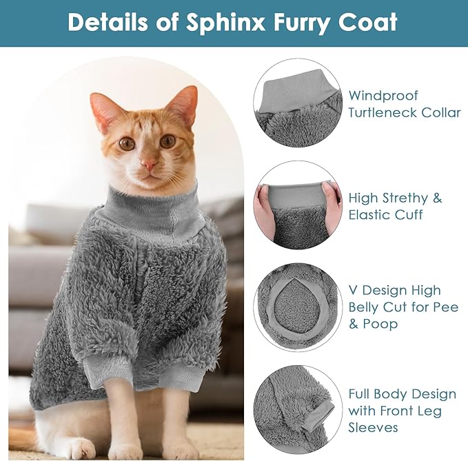SUNFURA Sphynx Cat Sweater, Hairless Cats Turtleneck Pullover Kitten Sweaters for Cats Only, Warm and Soft Cat Pajamas Shirt with Sleeves Pet Winter Clothes Fleece Jumpsuit for Puppy, Grey S