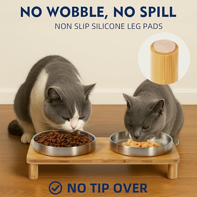 Elevated Cat Bowls for Indoor Cats – Raised Bamboo Cat Food Table with 2 Stainless Steel Dishes, Adjustable Height (4.25"/3.07"), Whisker Friendly Feeding Station