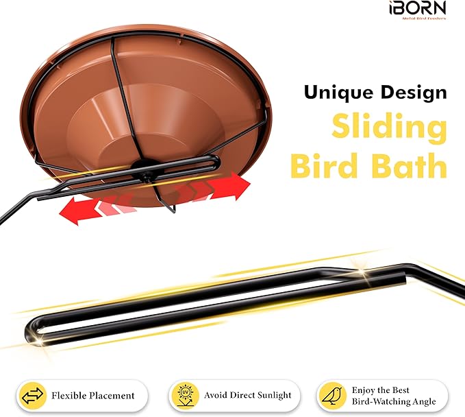 iBorn Bird Bath for Outside,Deck Mounted Bird Bath 12in，Bird Baths for Outdoors with Adjustable Clamp 3.2in，BPA-Free Bowl，360°Swivel & Adjustable Height Bracket，Detachable Bird Bath, Pack of 1