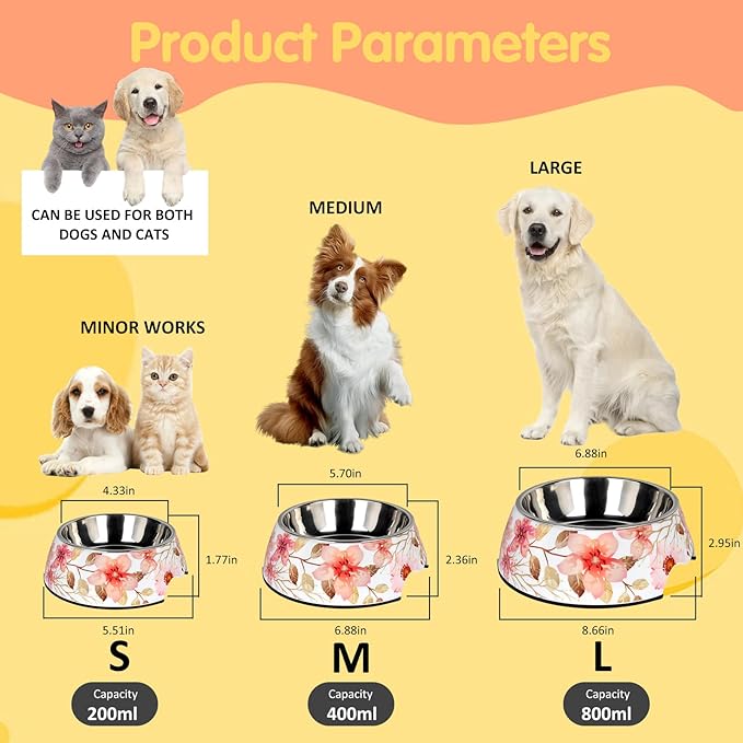 2 in 1 Food Water Bowls - Non Slip Skid Proof Heavy Duty Pet Bowls for Feeding Drinking Small Medium Large Dogs Cats Puppies (Pink Flower, L:28 OZ)