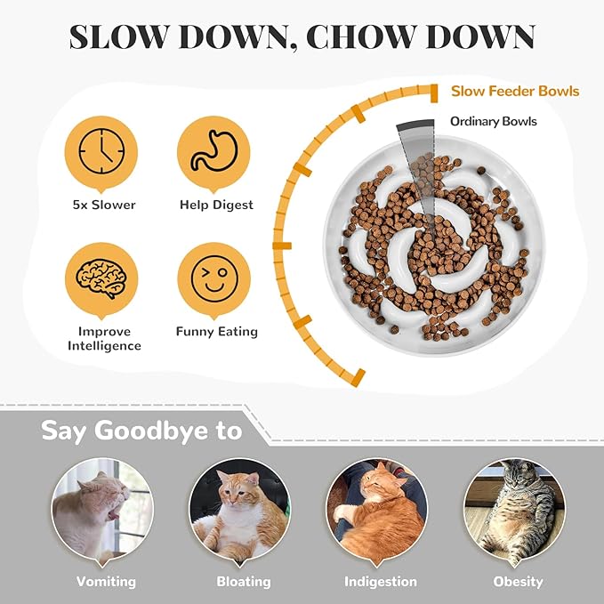 Melamine Slow Feeder Cat Bowls - Set of 3 Cat Food Dishes - Fun Maze Design for Slow Feeding - Dishwasher Safe - White, Blue, Green