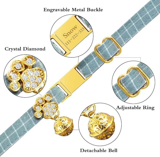 Personalized Breakaway Cat Collars - Magnetic Buckle, Bell - Safety Quick Release, Customized for Girls & Boys Cats- (Checkered-Cyan)