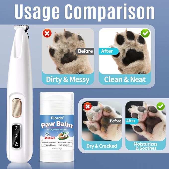 Dog & Cat Paw Trimmer with Pet Paw Balm, Low Noise Dog Face Trimmer with Led Light, 18mm-Blade Pet Hair Trimmer for Grooming Face, Rump, Eyes & Ears, Easy to Clean & Use