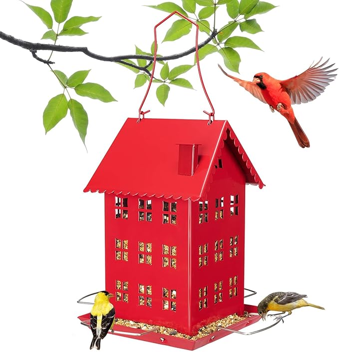 Veehoo Bird House Feeder for Outdoors Hanging, Metal Wild Finch Feeders for Outside, Outdoor Cardinal Birdfeeder Decorative Unique for Mixed Seed, Red