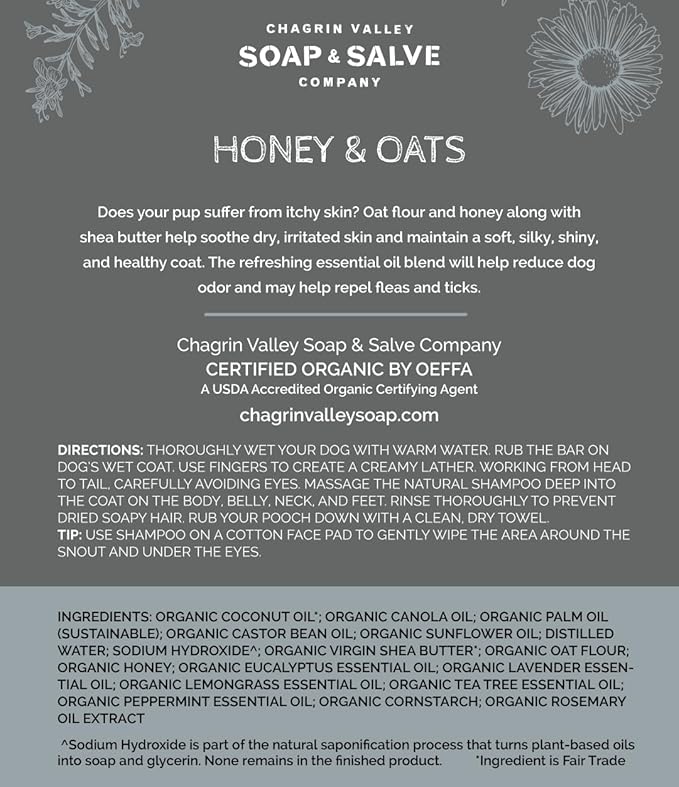 Chagrin Valley Soap & Salve Certified Organic Dog Shampoo and Conditioner – Dog Shampoo Itchy Skin Relief and Puppy Essentials - Natural Handmade Honey & Oats, 3.8 oz Bar Soap