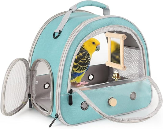 Parrot Travel Cage with Bird Cage Bells Mirror Set,Portable Small Bird Parakeet Bag with Standing Perch and Comfy Mat Bird Carry Transport Bag with Clear Window Vet Visit Shopping