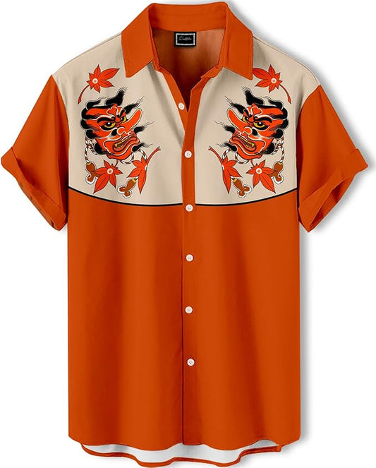 Men’s Hawaiian Shirt Western Cowboy Symmetrical Print Short Sleeve Button Down Casual Beach Holiday Summer Shirt