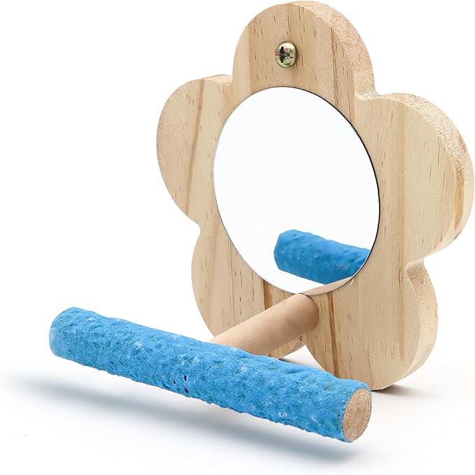 Small Bird Mirror Parrot Swing,Wooden Parakeet Perches Flower Interactive Play Toys for Small Budgies Macaw African Grey Parakeets Lovebird Cockatiel Cage Accessories (S, Wood-1p)