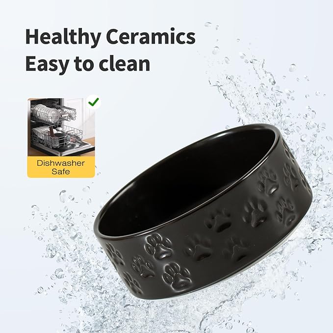 Ceramic Dog Bowl Set, 5.1" Dog Bowls with Anti-Slip Rings for Toy Breed Dogs, 1.6 Cup Food and Water Bowls for Small-Breed Puppy, Adult Cat, Microwave Safe (Double Bowls - Black, 5.1 inch)