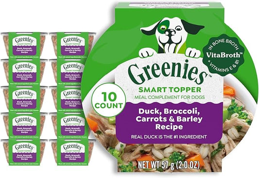 Greenies Smart Topper High Protein Wet Mix-in for Dogs, Duck, Broccoli, Carrots & Barley Recipe in Vitabroth Broth - Bone Broth + Vitamins E & B1, 10 Count