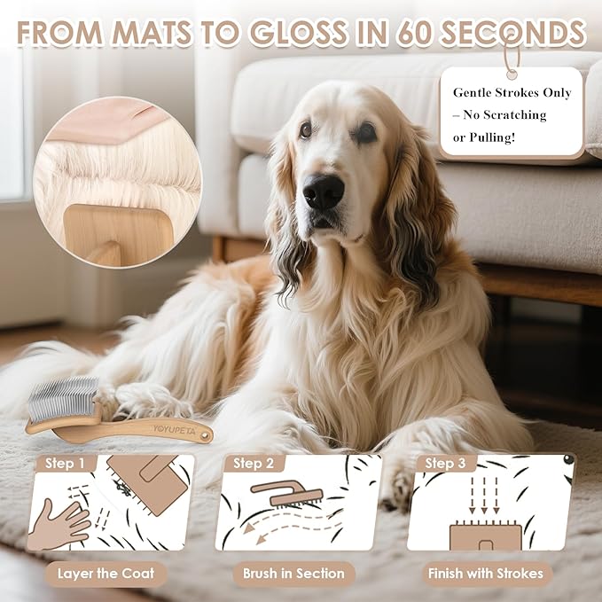 Long Pin Dog Slicker Brush for Poodles, Golden Doodles & Cats - 3-Piece Grooming Kit with Dematting Comb and Pet Comb, Large Wooden Handle Deshedding Tools for Thick Hair Mats Removal