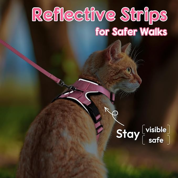 Dooradar Cat Harness and Leash Set, Escape Proof Safe Adjustable Kitten Vest Harnesses for Walking, Easy Control Soft Breathable Mesh Jacket with Reflective Strips for Cats, Pink, S