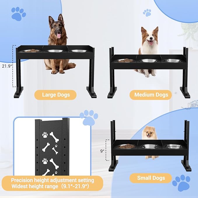 Triple Elevated Dog Bowls Stand for Multiple Dogs,8 Height Adjustable Tilted Raised Dog Bowl Stand with 3 Stainless Steel 1.3L(44oz) Bowls, 21.9" Tall Pet Feeding Station for Large Breed Dogs