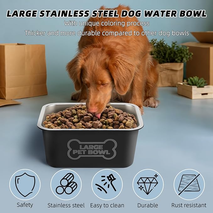 3 Gallons Large Dog Water Bowl, High Capacity Stainless Steel Dog Bowls, Indoor Outdoor Water Bowl for Dogs Metal Pet Food Dish for Medium Large Giant Breed Easy to Clean (Black)