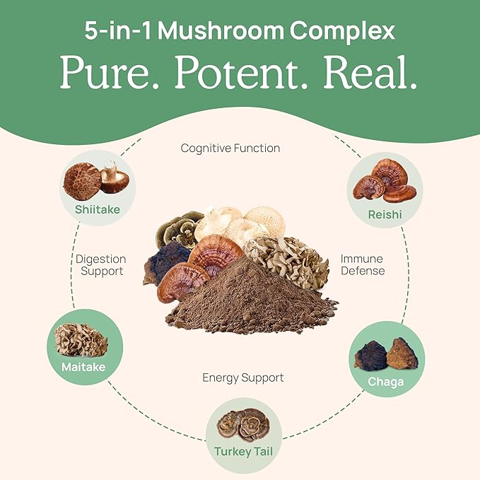 Real Mushrooms 5 Defenders Mushroom Complex – Organic Adaptogenic Mushroom Blend with Chaga, Reishi, Turkey Tail, Maitake & Shiitake for Wellness Support - Mushroom Beta Glucan Capsules - 200 Count
