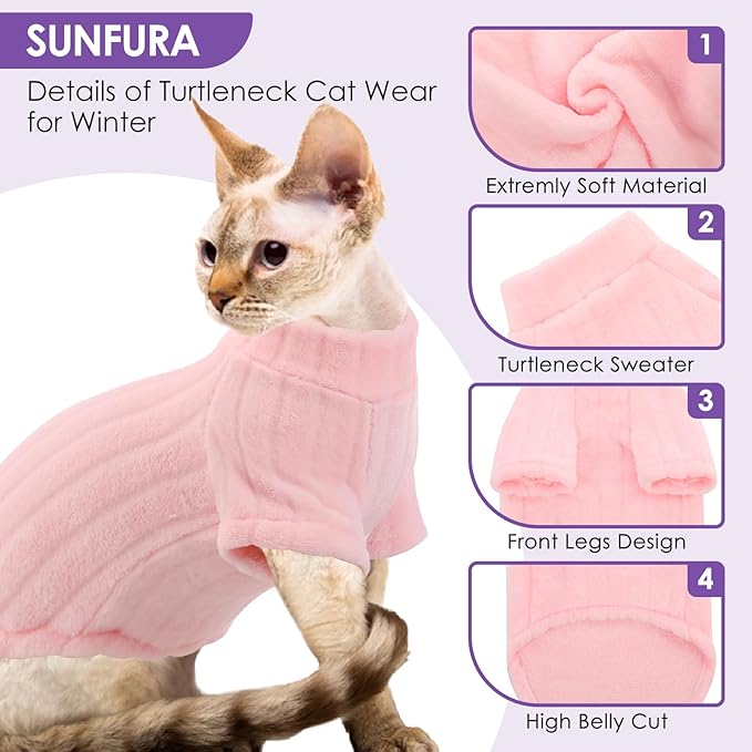 SUNFURA Sweaters for Cats, Hairless Sphynx Sweater Kitten Pullover with Sleeves, Warm and Soft Cat Pajamas Fleece Sweatshirt Jumpsuit, Turtleneck Clothes for Fall Winter, Pink M