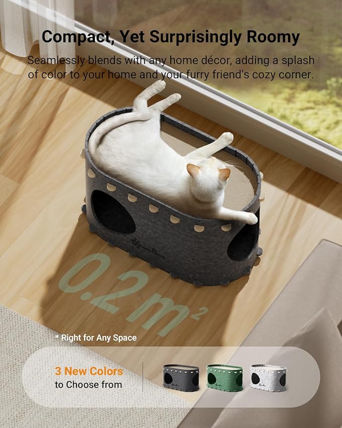 DownyPaws Cat House for Indoor Cats, Cat Bed Cave for Multiple & Large Cats Up to 22 Lbs, Scratch Resistant Peekaboo Cat Caves, Foldable Tunnel Enclosed Bed, PeekaPurr, Sesame Gray