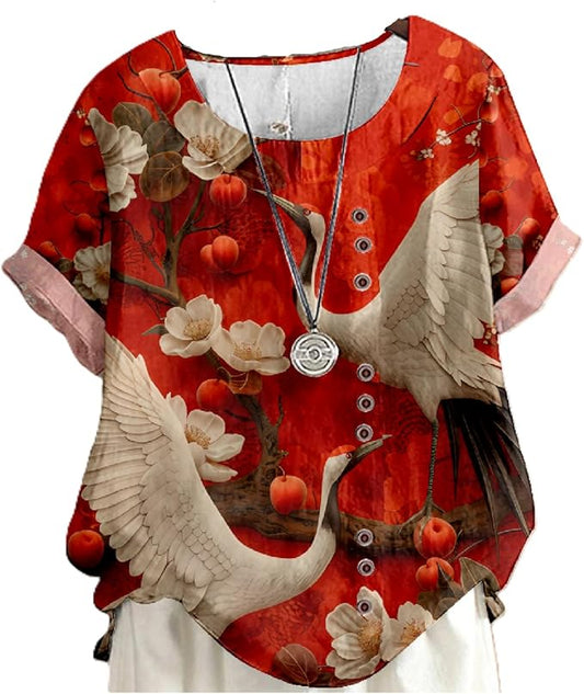 Japanese Print Women Summer Shirts Flower Bird Graphic Plus Size Tunic Tops Crewneck Short Sleeve Blouses