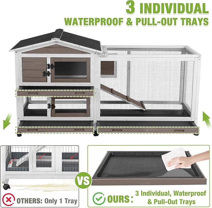 GUTINNEEN Rabbit Cage Indoor Bunny Hutch with Chew-Proof Ramp - 2 Story Guinea Pig Cages Outdoor with 6 Wheels, Leakproof Pull-Out Tray for Rabbits, Guinea Pigs (Brown)