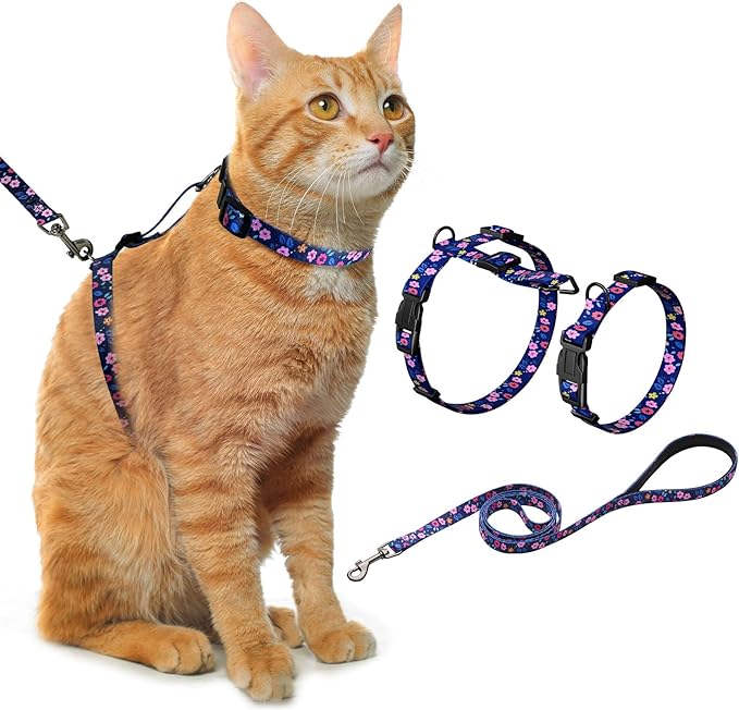 Hikiko Cat Harness and Leash Set Escape Proof Adjustable Walking Travel Cute Kitten Harness for Small Medium Large Cats (Navy Blue Floral, S)