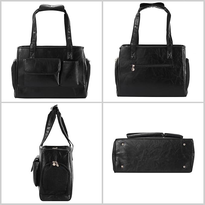 Dog Carrier Purse, Fashion Leather Pet Carrier Bag, Airline Approved Soft Sided Cat Travel Tote Bag with Pockets Black