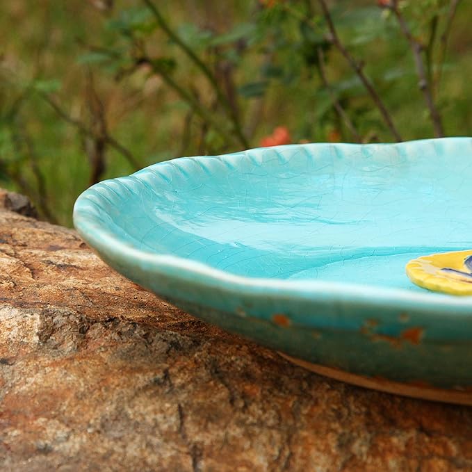 DUSVALLY Vintage Birdbath Ceramic Bird Bath Bowl Decor for Bird Bee Bath for Outdoor Patio Garden Backyard Yard,Blue with Yellow Flower