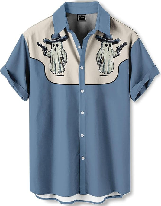 Men’s Hawaiian Shirt Western Cowboy Symmetrical Print Short Sleeve Button Down Casual Beach Holiday Summer Shirt