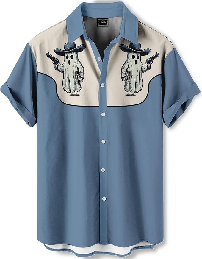 Men’s Hawaiian Shirt Western Cowboy Symmetrical Print Short Sleeve Button Down Casual Beach Holiday Summer Shirt