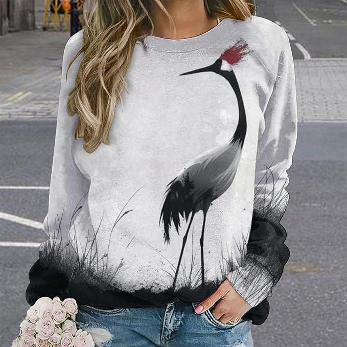 Womens Long Sleeve Tops Y2k Japanese Art Print Sweatshirts Fall Pullover for Women Crewneck Vintage Shirts Boho Tops