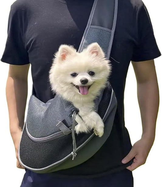 Pet Dog Sling Carrier, Hand Free Drawstring Dog Papoose with Adjustable Strap, Breathable Mesh Bag for Puppy Cat, Crossbody Satchel Dog Purse with Pocket for Outdoor L(up to 8 lbs)