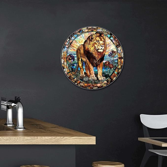 Lygond Metal Sign Tin Sign Circular Stained Glass Lion Vintage Decor for Garden 8×8 Inches