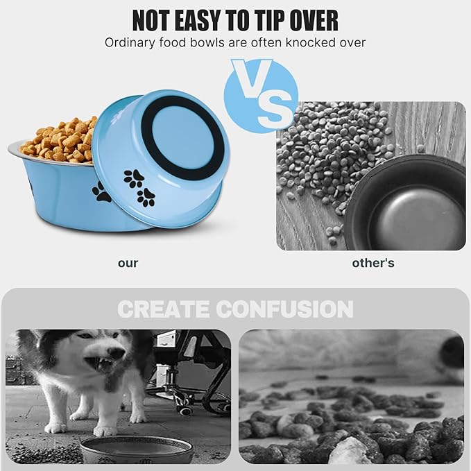 Stainless Steel Dog Bowls, Nonslip Rubber Bottom No Spill Proof Skid Metal Insulated Dog Bowls for Large Medium Small Breed Dogs (Blue, 6.6 Cups/53 OZ)