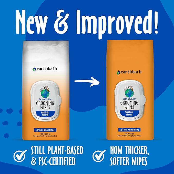 earthbath, Oatmeal & Aloe Grooming Wipes - Dog Wipes for Paws and Butt, Best Pet Wipes for Dogs & Cats, Helps Relieve Itchy & Dry Skin, Made in USA, Cruelty-Free - Vanilla & Almond 100 Count (1 Pack)