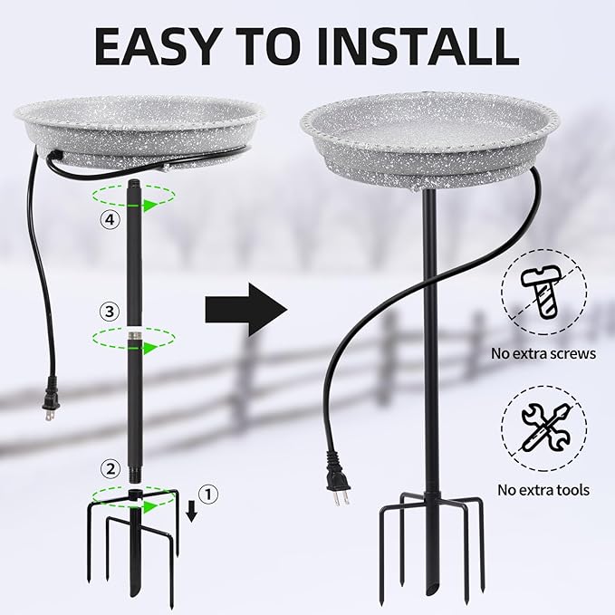 Heated Bird Bath for Outdoors for Winter, 75W Bird Bath Water Heater Bird Bath Deicer,Deep Bowl Thermostatic Control Weather Resistance Available with Stable Metal Pole for All Seasons(Grey)