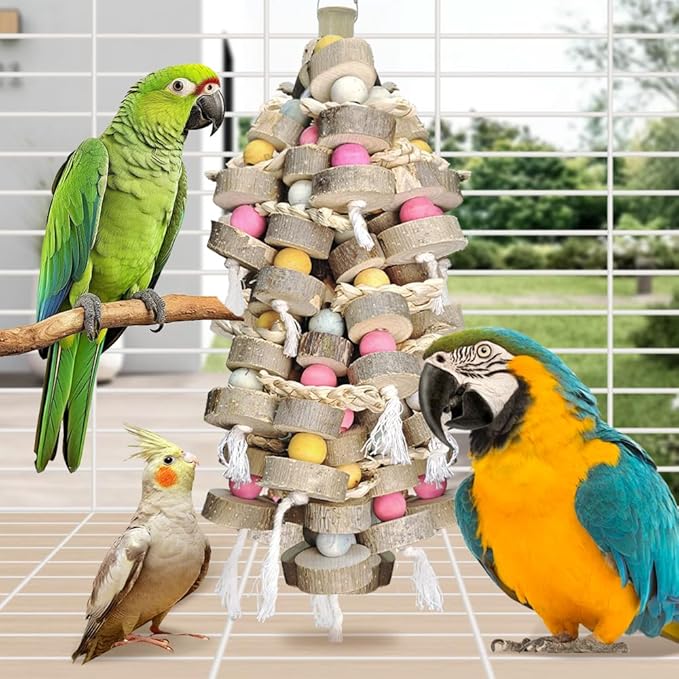 Large Bird Toys for Parrots Toys Natural Colored Wooden Bird Cages Chew Accessories for Macaws, Cockatoos, African Grey, and Amazon Parrots