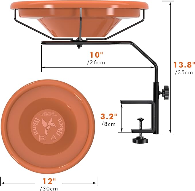 iBorn Bird Bath for Outside,Deck Mounted Bird Bath 12in，Bird Baths for Outdoors with Adjustable Clamp 3.2in，BPA-Free Bowl，360°Swivel & Adjustable Height Bracket，Detachable Bird Bath, Pack of 1