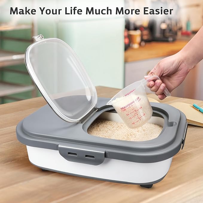 Rice Storage Containers, Collapsible 20 to 30Lbs Food Storage Bin Dispenser with Rolling Wheel and Clear Airtight Lid, BPA Free Flour, Sugar, Cereal and Dog Cat Pet food Containers