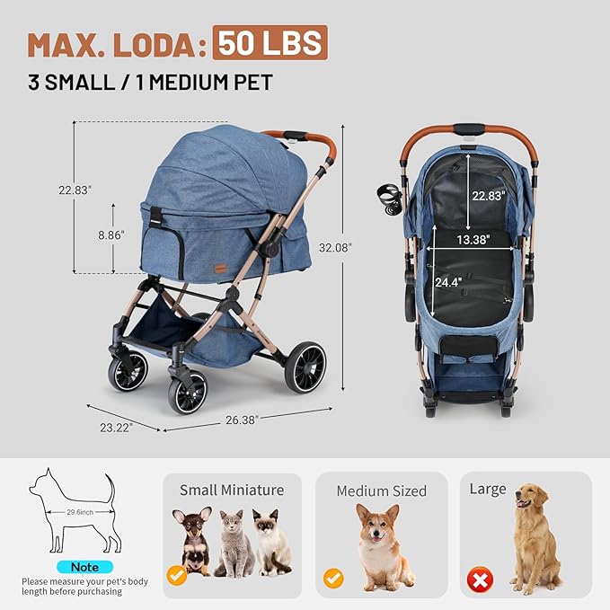 EchoSmile Small Medium Dogs Stroller 4-Wheel Pet Strollers for Medium Dogs Up to 50lbs, One Click Folding Large Cat Stroller, Reversible Handle, Shock Absorbing Wheels, Removable Washable Pad, Blue