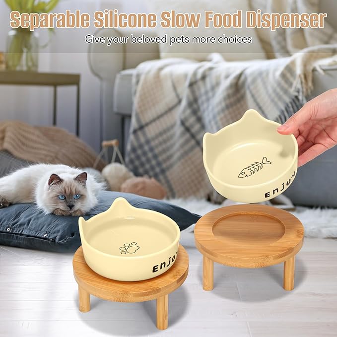 3PCS Elevated Cat Bowls,Wide Raised Ceramic Pet Dishes with Bamboo Stand, Whisker Friendly Pet Water or Food Plates Feeding Station for Indoor Small Dogs, Kitten (Yellow+White)