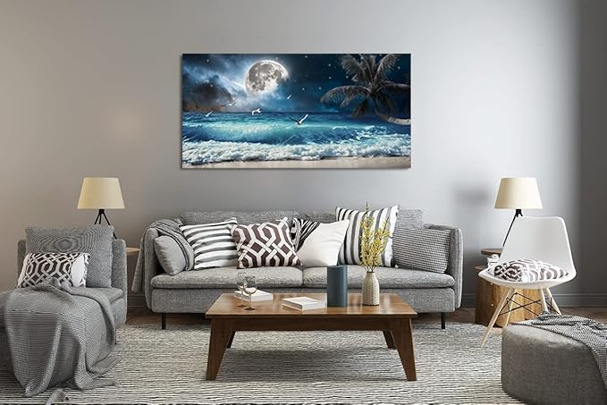 Yxbhhym large Moon Ocean Wall Art Seascape Painting Sea Pictures Canvas Wave Blue Beach Artwork for Wall Landscape Poster Prints Palm Wall Decor Bedroom Living Room Decor Framed-24x48inches