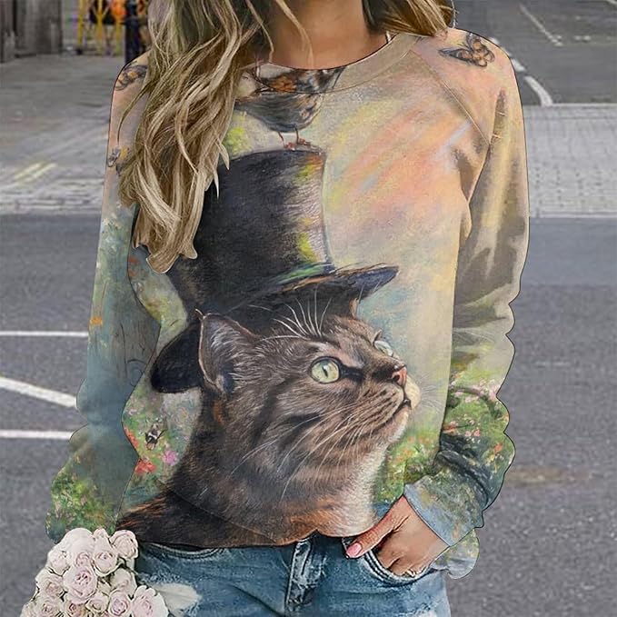 Long Sleeve Shirts for Women Cat Oil Painting Shirt 3D Graphic Sweatshirts Fall Pullover Crewneck Vintage Boho Tops