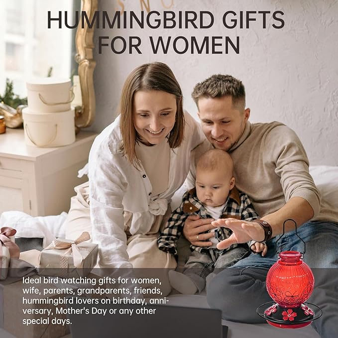 Glass Hummingbird Feeders for Outdoors Hanging, 23Oz Humming Bird Nectar Feeders with Perch, 5 Flower Feeding Ports, Leak Proof Base and Hook for Garden Decor, Gifts for Mom Women (Red)