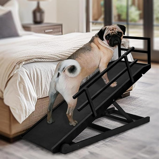 Dog Ramp for Bed, Adjustable Pet Ramps for Dog to Get on Bed, Non-Slip Rubber Surface - Folding Wooden Dog Ramp for Small/Large/Old Dogs, Adjustable up to 31 inch High Beds, Safety Railings
