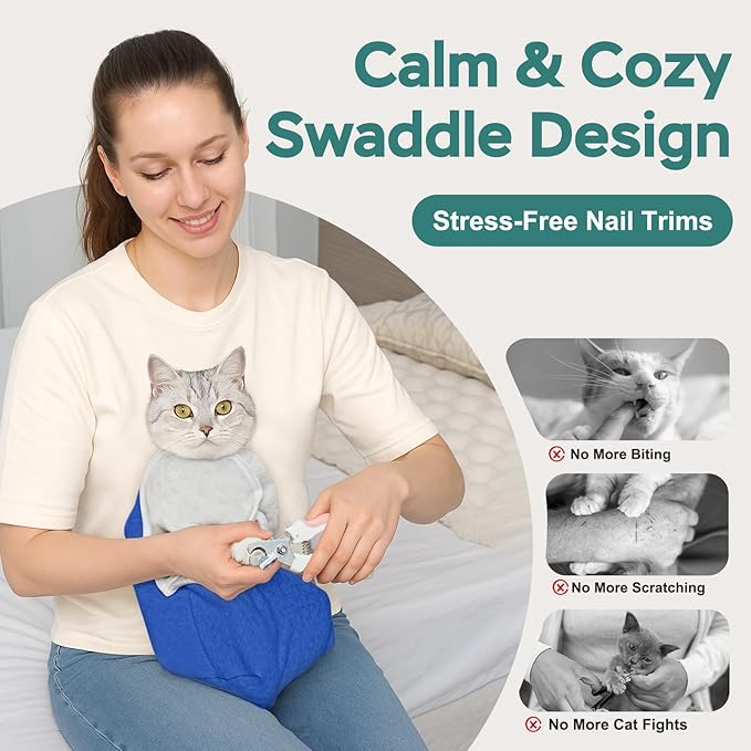 Self-Adhesive Cat Grooming Wrap, Cozy Cat Wrap for Cutting Nails, Breathable Anti-Scratch Cat Swaddle Bag for Brushing, Ear Cleaning, Dental Care, Medication, Injections, Blue S