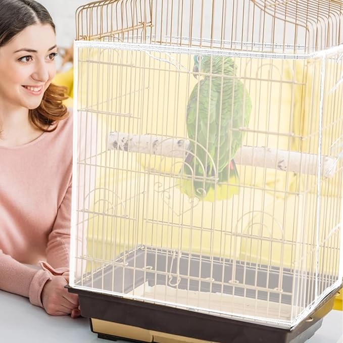 Daoeny Bird Cage Seed Catcher, Large Bird Cage Cover, Adjustable Soft Airy Nylon Mesh Net, Birdcage Cover Skirt Seed Guard for Parrot Parakeet Macaw African Round Square Cages (White)