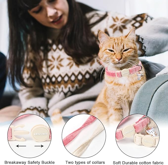 ARING PET 2 Pack Cat Collar-Cute Cotton Cat Collar with Bell & Pendant, Adjustable Pink Khaki Kitten Collars with Safety Buckle for Girl and Boy Pets