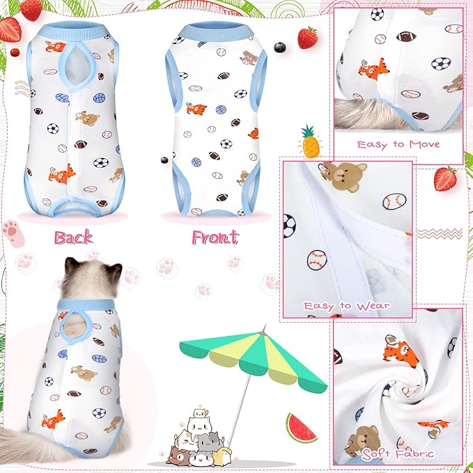 Nuanchu 3 Pieces Cat Recovery Suit Kitten Recovery Suit E-Collar Alternative for Cats and Dogs Abdominal Skin Anti Licking Pajama Clothes Sets(Strawberry Pattern,Large)