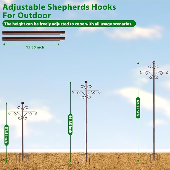 Bird Feeder Pole for Outdoors Heavy Duty Squirrel Proof, 2 Pack 63 Inch Adjustable Tall Shepherds Hooks for Outdoor with 7 Prongs Base, Double Shepherd Hooks (2 Pack Copper, 63 Inch)