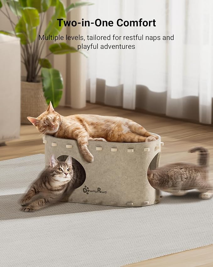 DownyPaws Cat House for Indoor Cats, Cat Bed Cave for Multiple & Large Cats Up to 22 Lbs, Scratch Resistant, Foldable Peekaboo Kitten Caves Tunnel Enclosed Bed, PeekaPurr, Cream